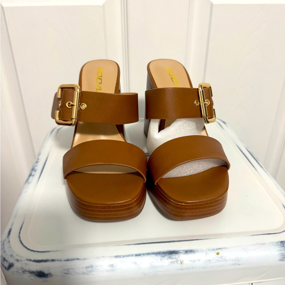 Miss Lola Platform Tan Chunky Heel Sandals